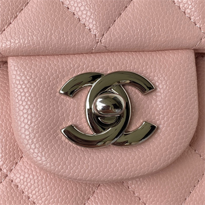 Chanel Medium Classic Flap Bag Grained Calfskin Silver Tone Metal Pink 01112