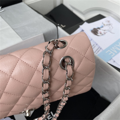 Chanel Medium Classic Flap Bag Grained Calfskin Silver Tone Metal Pink 01112