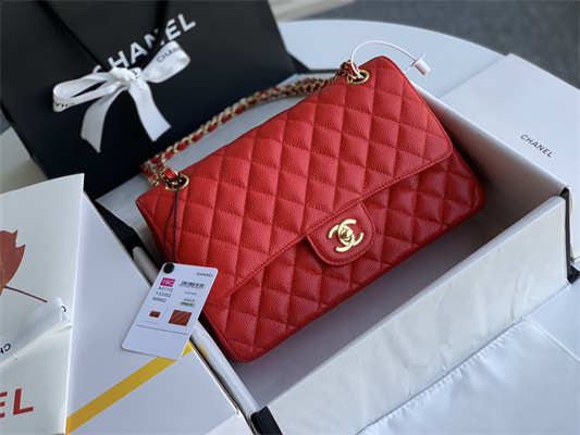 Chanel Medium Classic Flap Bag Grained Calfskin Gold Tone Metal Red 01112