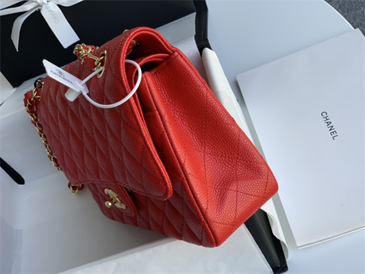 Chanel Medium Classic Flap Bag Grained Calfskin Gold Tone Metal Red 01112
