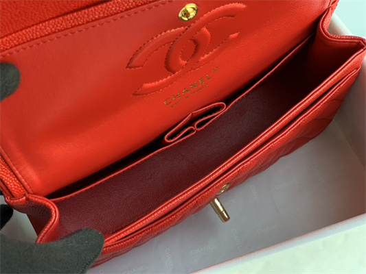 Chanel Medium Classic Flap Bag Grained Calfskin Gold Tone Metal Red 01112