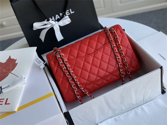 Chanel Medium Classic Flap Bag Grained Calfskin Silver Tone Metal Red 01112