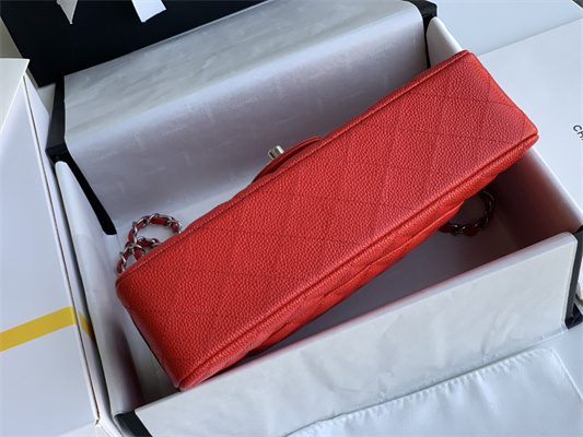 Chanel Medium Classic Flap Bag Grained Calfskin Silver Tone Metal Red 01112