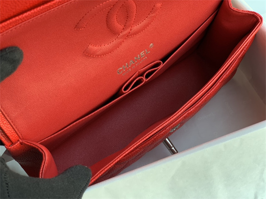 Chanel Medium Classic Flap Bag Grained Calfskin Silver Tone Metal Red 01112