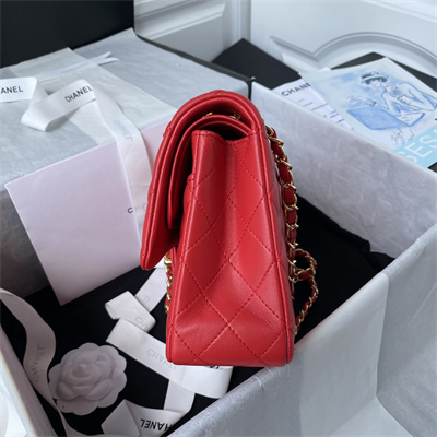 Chanel Medium Classic Flap Bag Lambskin Gold Tone Metal Red 01112