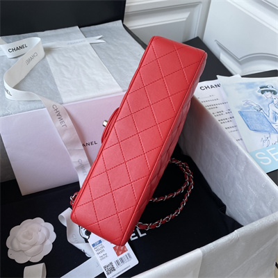 Chanel Medium Classic Flap Bag Lambskin Silver Tone Metal Red 01112