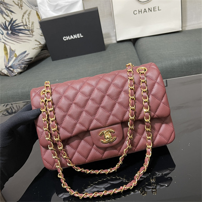 Chanel Medium Classic Flap Bag Grained Calfskin Gold Tone Metal Burgundy 01112