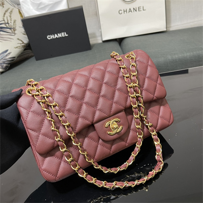 Chanel Medium Classic Flap Bag Grained Calfskin Gold Tone Metal Burgundy 01112