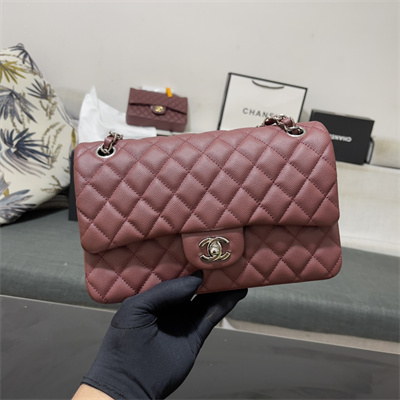 Chanel Medium Classic Flap Bag Grained Calfskin Silver Tone Metal Burgundy 01112