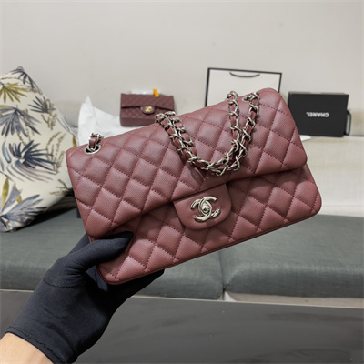 Chanel Medium Classic Flap Bag Grained Calfskin Silver Tone Metal Burgundy 01112