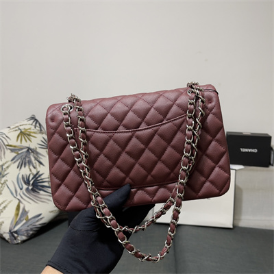 Chanel Medium Classic Flap Bag Grained Calfskin Silver Tone Metal Burgundy 01112