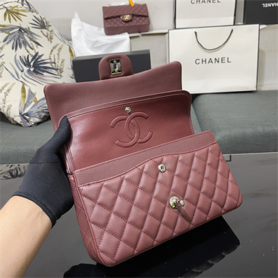 Chanel Medium Classic Flap Bag Grained Calfskin Silver Tone Metal Burgundy 01112