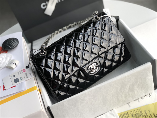 Chanel Medium Classic Flap Bag Patent Calfskin Silver Tone Metal Black 01112
