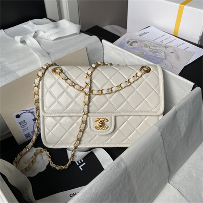 Chanel Vintage Medium Classic Flap Bag Lambskin Gold Tone Metal White AS3586