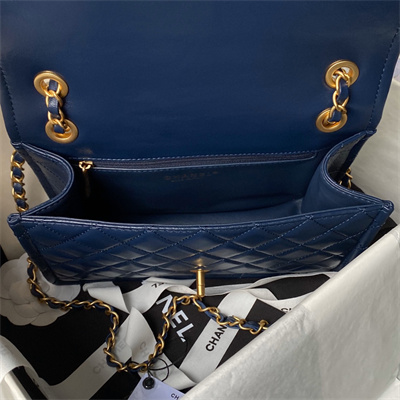 Chanel Vintage Medium Classic Flap Bag Lambskin Gold Tone Metal Blue AS3586