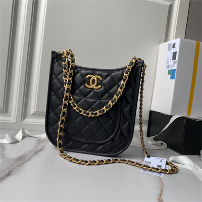 Chanel Hobo Chain Shoulder Bag Calfskin Gold Tone Metal Black AS4532