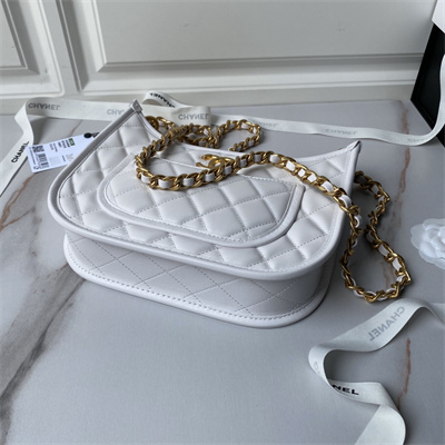 Chanel Hobo HandBag Calfskin Gold Tone Metal White AS4666