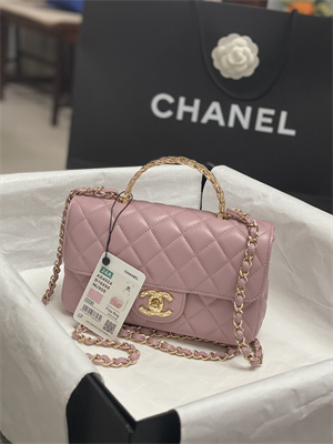 Chanel Mini Flap Bag With Top Handle Shinny Lambskin Gold Tone Metal Pink AS4924