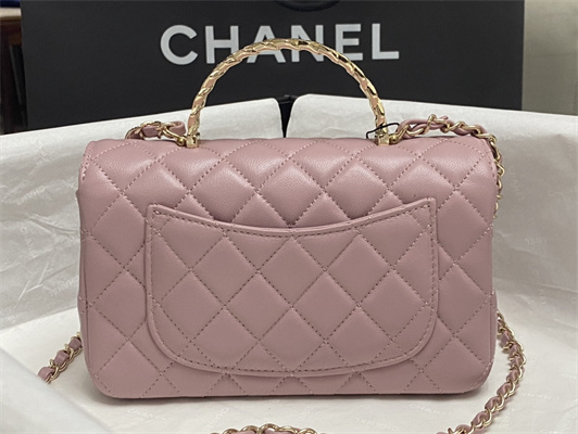 Chanel Mini Flap Bag With Top Handle Shinny Lambskin Gold Tone Metal Pink AS4924