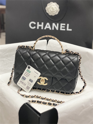 Chanel Mini Flap Bag With Top Handle Shinny Lambskin Gold Tone Metal Black AS4924