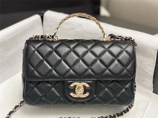 Chanel Mini Flap Bag With Top Handle Shinny Lambskin Gold Tone Metal Black AS4924
