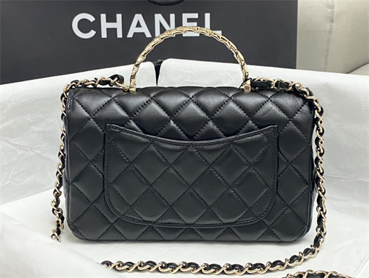 Chanel Mini Flap Bag With Top Handle Shinny Lambskin Gold Tone Metal Black AS4924