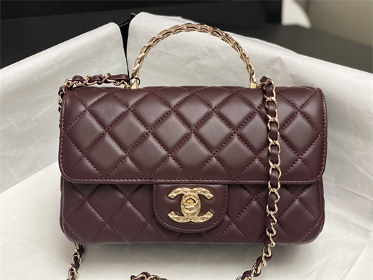 Chanel Mini Flap Bag With Top Handle Shinny Lambskin Gold Tone Metal Burgundy AS4924