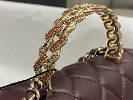 Chanel Mini Flap Bag With Top Handle Shinny Lambskin Gold Tone Metal Burgundy AS4924