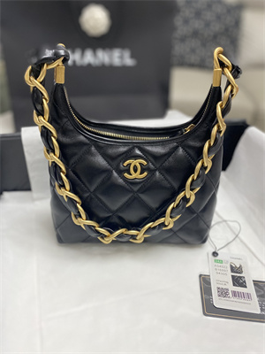 Chanel Small Hobo Bag Shiny Lambskin Gold Tone Metal Black AS4922