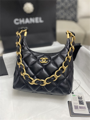 Chanel Small Hobo Bag Shiny Lambskin Gold Tone Metal Black AS4922