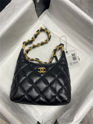 Chanel Small Hobo Bag Shiny Lambskin Gold Tone Metal Black AS4922