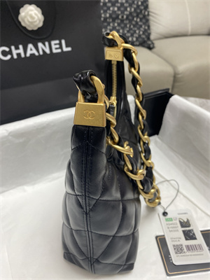 Chanel Small Hobo Bag Shiny Lambskin Gold Tone Metal Black AS4922