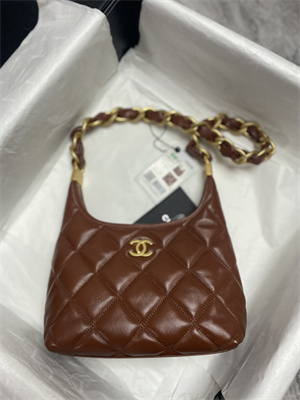 Chanel Small Hobo Bag Shiny Lambskin Gold Tone Metal Brown AS4922