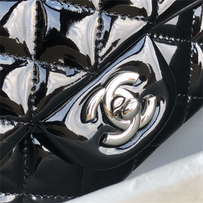 Cha.nel Mini Classic Flap Bag Patent Calfskin Silver Tone Metal Red 01116