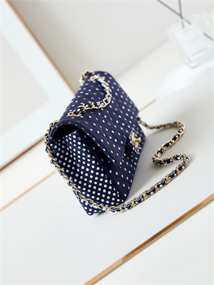 Chanel Medium Classic Handbag Dk Blue Fabric with White Dot AS4720