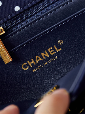 Chanel Medium Classic Handbag Dk Blue Fabric with White Dot AS4720