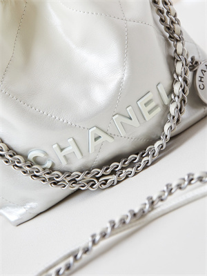 Chanel 22 Mini Handbag Shiny Calfskin Silver Tone Metal White AS3980