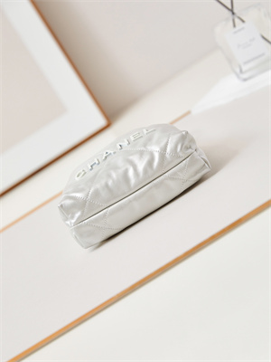 Chanel 22 Mini Handbag Shiny Calfskin Silver Tone Metal White AS3980