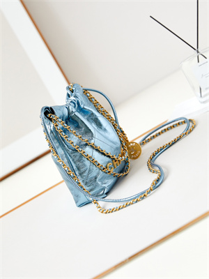 Chanel 22 Mini Handbag Metallic Calfskin Gold Tone Metal Blue AS3980