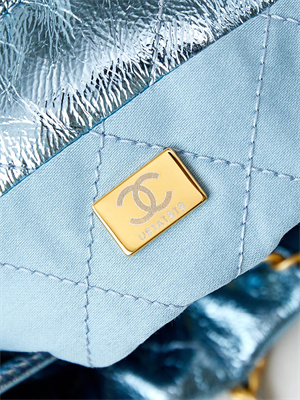 Chanel 22 Mini Handbag Metallic Calfskin Gold Tone Metal Blue AS3980
