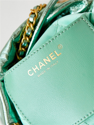 Chanel 22 Mini Handbag Metallic Calfskin Gold Tone Metal Green AS3980