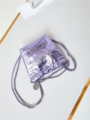 Chanel 22 Mini Handbag Metallic Calfskin Silver Tone Metal Purple AS3980