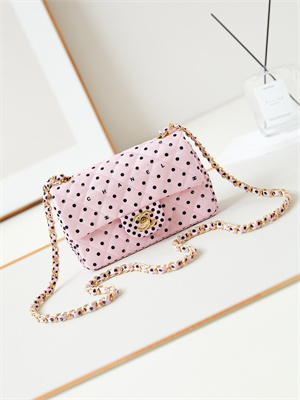 Chanel Mini Classic Handbag Pink Fabric with Black Dot A69900