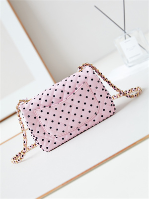 Chanel Mini Classic Handbag Pink Fabric with Black Dot A69900