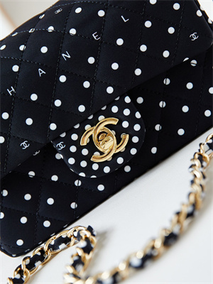 Chanel Mini Classic Handbag Black Fabric with White Dot A69900
