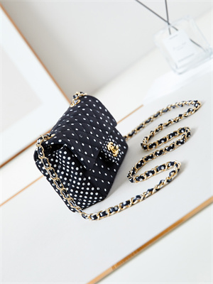 Chanel Mini Classic Handbag Black Fabric with White Dot A69900