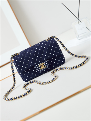 Chanel Mini Classic Handbag Dk Blue Fabric with White Dot A69900