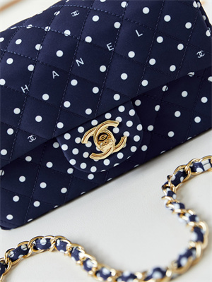 Chanel Mini Classic Handbag Dk Blue Fabric with White Dot A69900