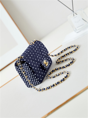 Chanel Mini Classic Handbag Dk Blue Fabric with White Dot A69900