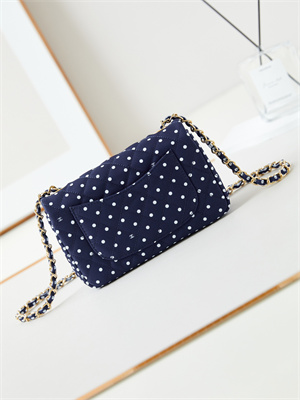 Chanel Mini Classic Handbag Dk Blue Fabric with White Dot A69900